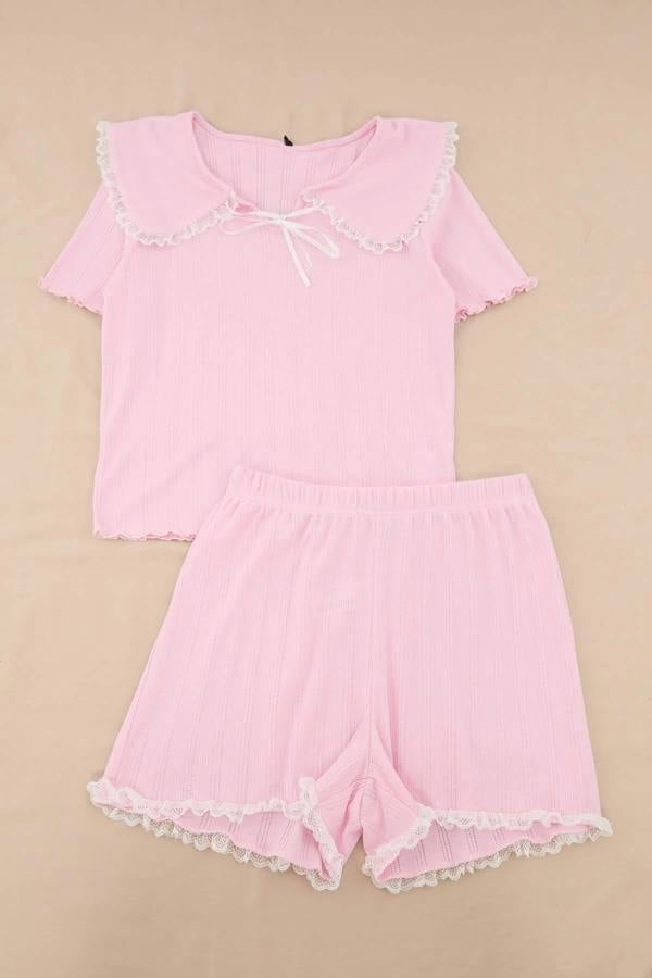Collar Detail Ribbed Pointelle Short Pyjama Set