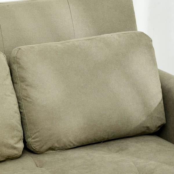 Light brown square back cushion on a convertible sofa bed with smooth upholstered cover