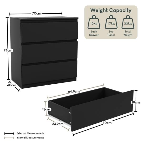 Vida Designs Denver 3 Drawer Chest, Black