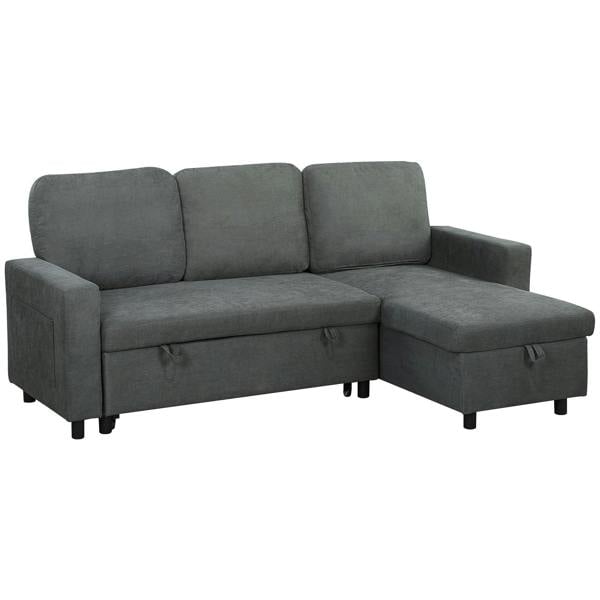 Charcoal grey L-shaped sofa bed with storage, padded armrests and three back cushions