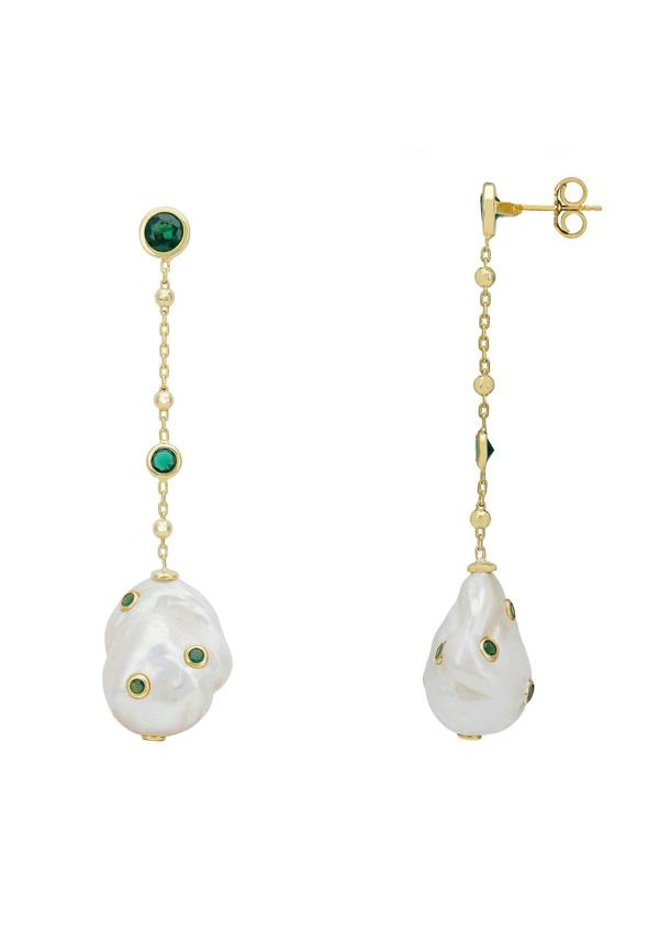 Latelita Polka Dot Baroque Pearl Chain Drop Earrings Gold Emerald