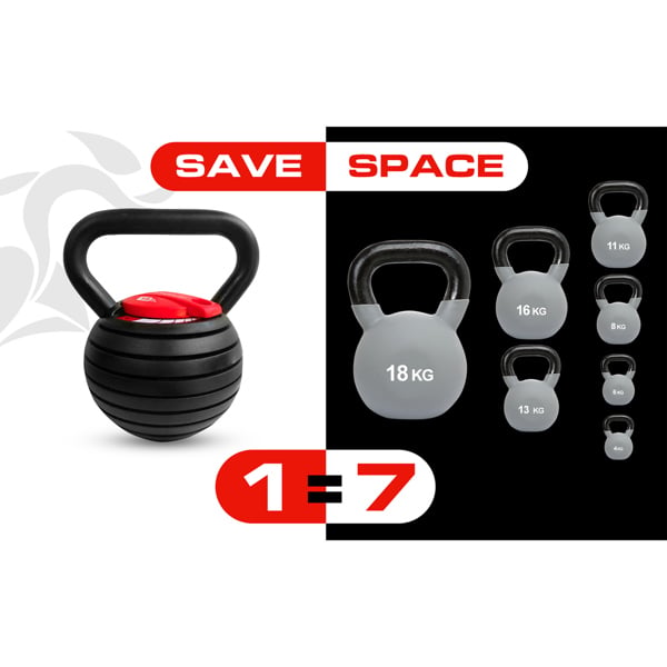 Strongology 7-in-1 Adjustable Smart Kettlebell up to 18kg Black with Red Dial Home Fitness Gym Equipment