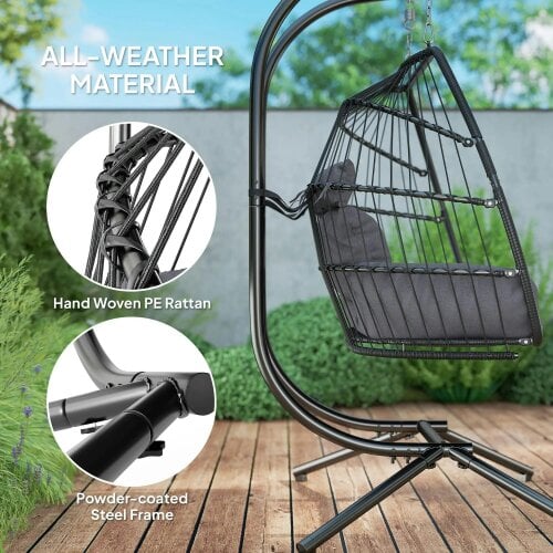 Bobobiy Rattan Double Hanging Egg Chair with Stand, Foldable Wicker Swing Egg Chair with Cushion, Steel Frame, Capacity 260 kg, Dark Grey