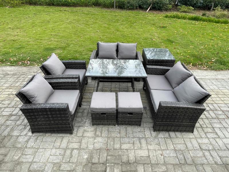 Fimous 8 Seater Rattan Garden Set, Patio Outdoor Lounge Sofa, Dining Table, Love Seat Sofa, Side Table and 2 Small Footstools, Dark Grey Mixed
