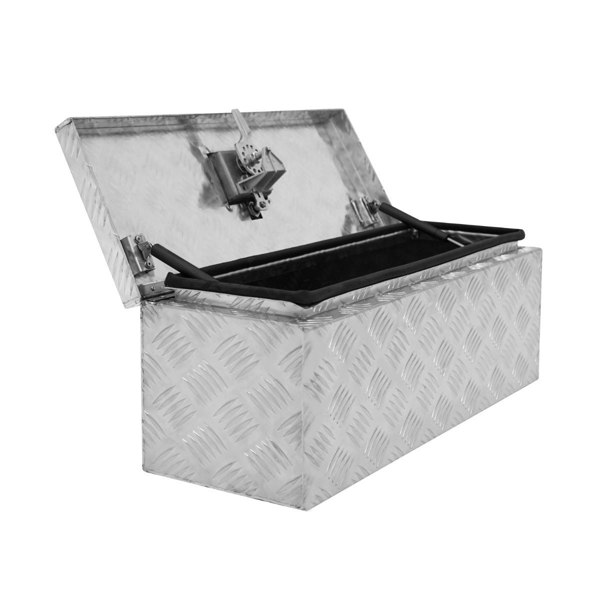 Aluminium Tool Box 35L in silver with a textured diamond pattern, featuring a hinged lid and sturdy handles for easy transport