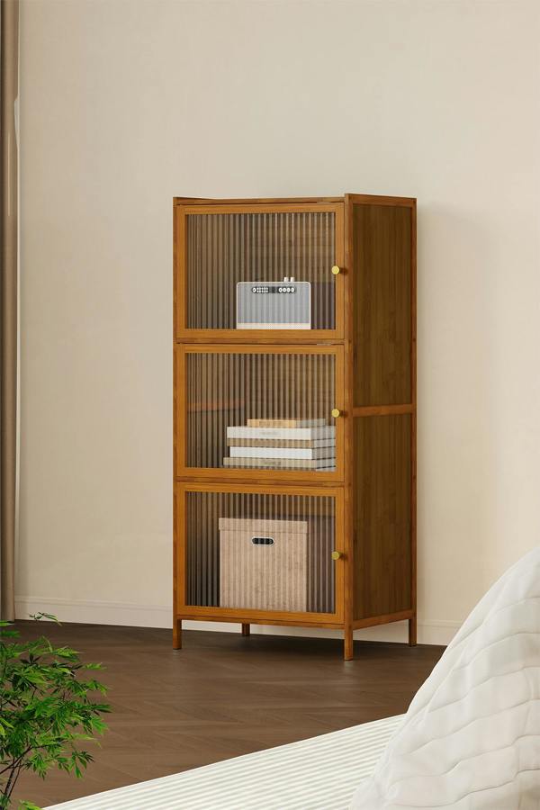 Living and Home Versatile 3-Tier Bamboo Storage Cabinet Bookcase Bookshelf Storage Rack w/ Doors