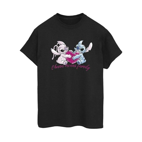 Disney Womens/Ladies Lilo And Stitch Ohana Heart With Angel Cotton Boyfriend T-Shirt - Black