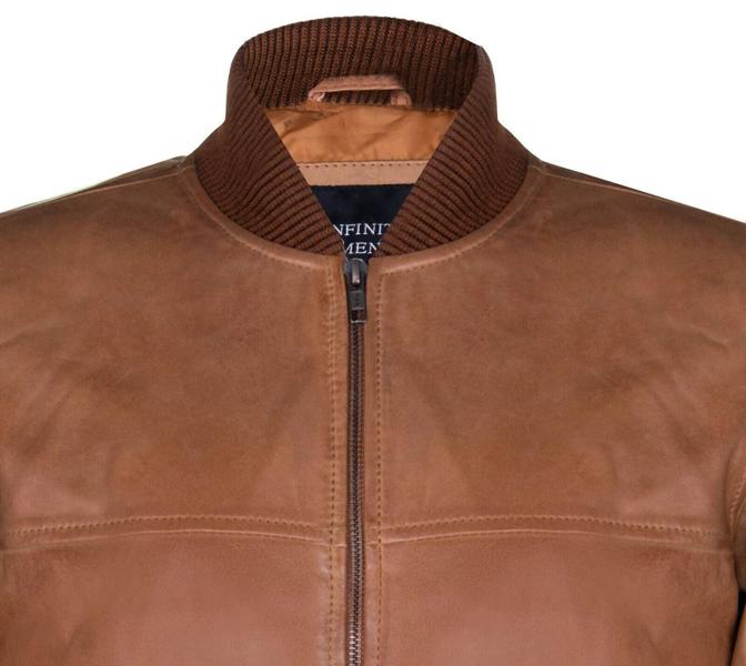 Infinity Leather Mens Tan Brown Leather MA-1 Varsity Bomber Jacket