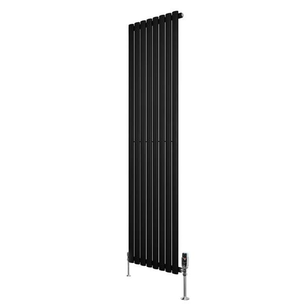 Sleek black oval single column radiator with vertical slats, measuring 1800mm x 480mm, includes stylish valves for modern decor