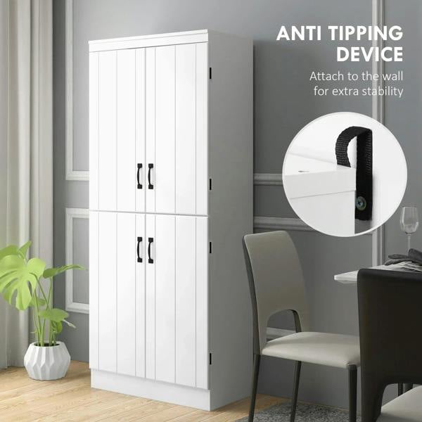White tall cupboard with two door panels, black handles, anti-tip wall bracket