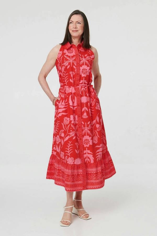 Orange | Floral Tie Waist Sleeveless Midi Dress
