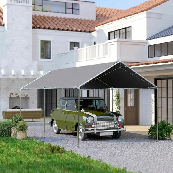 Grey carport canopy with open sides, black roof, green classic car parked underneath