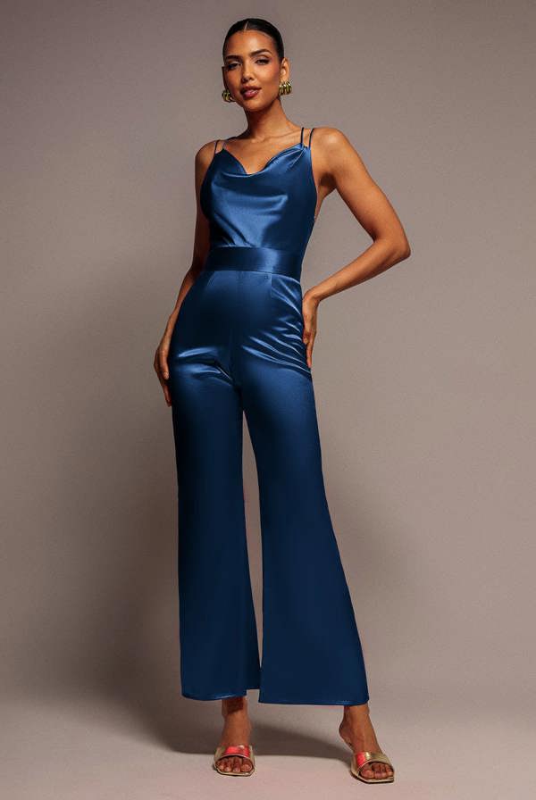 Satin Cowl Neck Jumpsuit - Navy Blue TR234VP