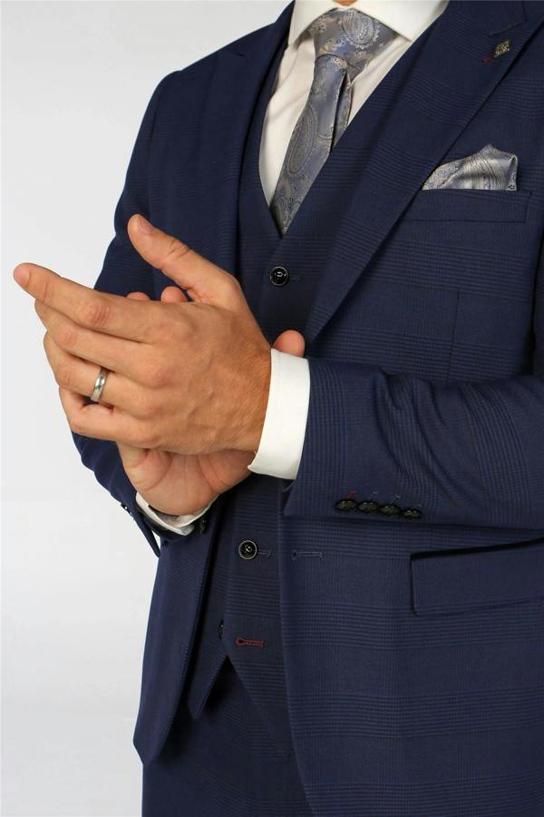 Infinity Leather Men's Navy Checked 3 Piece Suit Tailored Fit Suit Formal Wedding