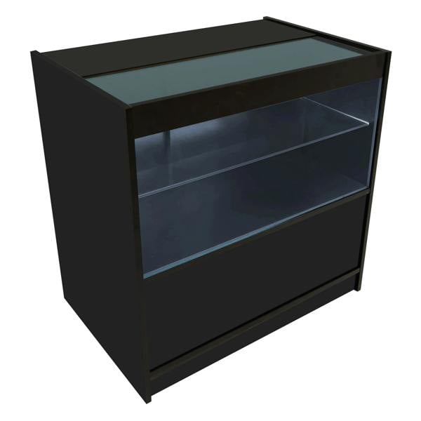 Black Gravity LED shop counter set featuring a sleek design, glass top, and illuminated shelves for displaying merchandise
