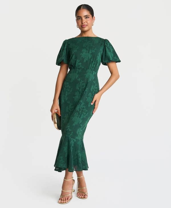 Needs No Label Forest Green Jacquard Puff Sleeve Midi Dress