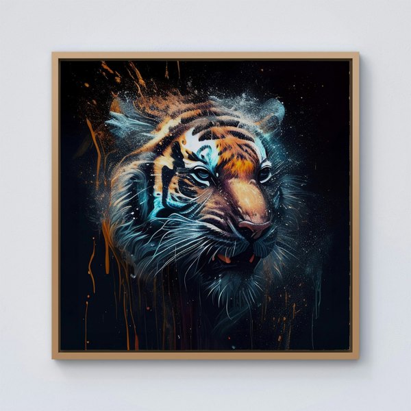 Warren Reed Tiger Face Splash Art Dark Background Framed Canvas