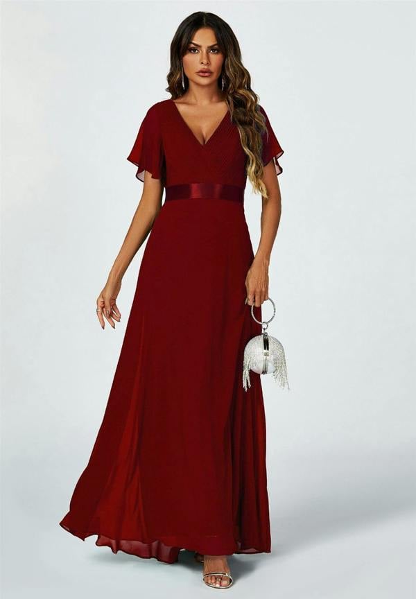 FS Collection Angel Sleeves Empire Waist Bridesmaid Dress In Wine