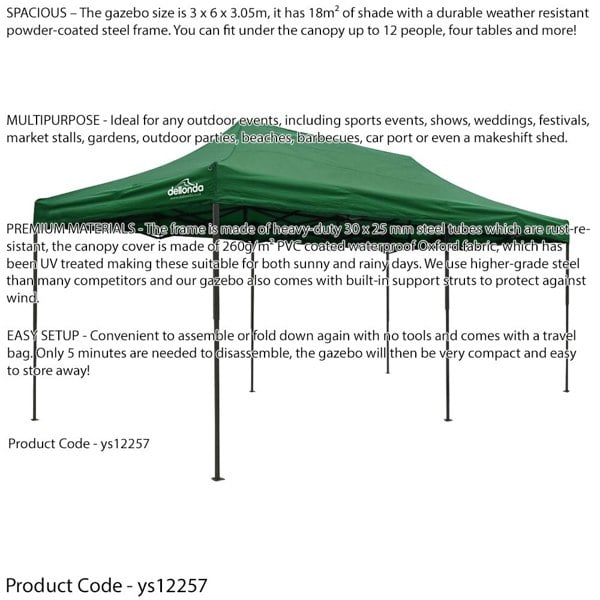 3x6m Pop-Up Gazebo - GREEN Heavy Duty Frame & Water Resistant - Garden Pavillion - LoopsDirect