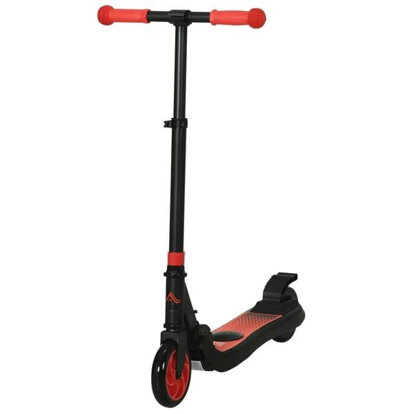 Red and black folding electric scooter with handlebar grips, front wheel, and brake deck
