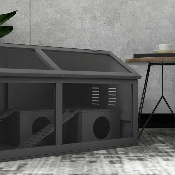 Charcoal grey wooden small animal cage side view with open roof and round hideouts