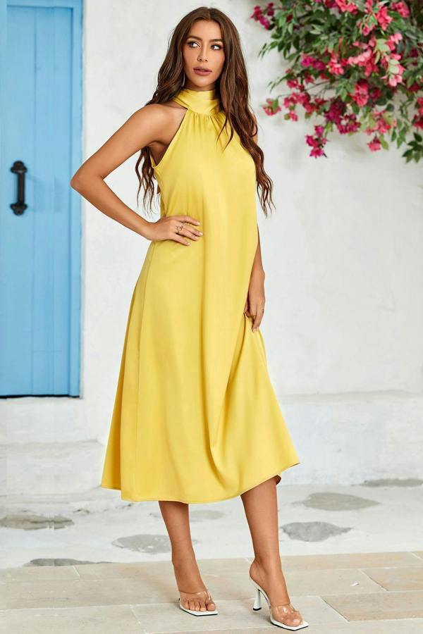FS Collection Satin Halter Neck Tie Back Midi Dress In Yellow