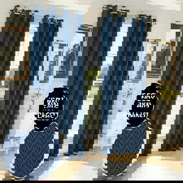 Enhanced Living Navy Herringbone Jacquard Blackout Eyelet Curtains - Bedroom & Living Room