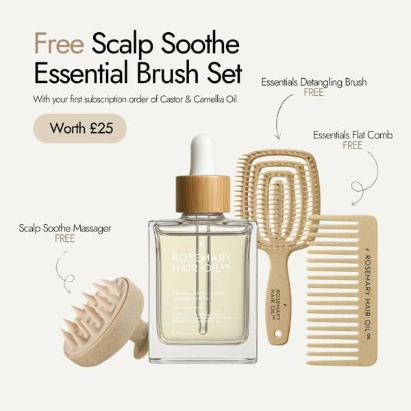 Castor and camellia root renewal hair oil for scalp nourishment and healthier hair growth, free brush set, subscription, offer, flat comb, detangling brush, scalp massager 