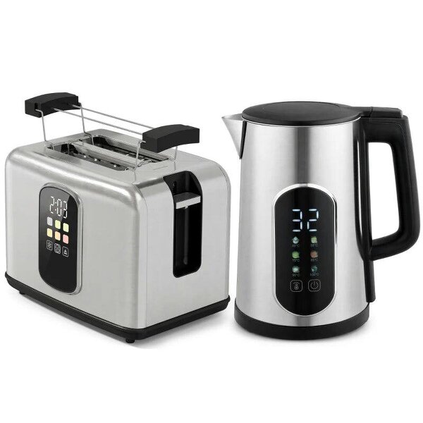 Kettle and Toaster Set with LED Touch Screen, Kettle with Strix Thermostat, 2 Slice Toaster w/ 6 Browning Levels, Silver