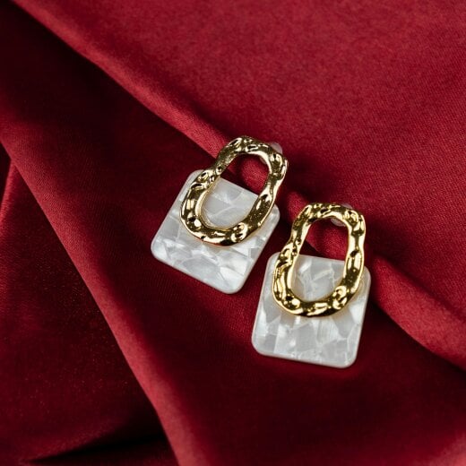 The Colourful Aura Gold Acrylic Resin Geometric Hollow Square Lock Hanging Foil Stud Drop Earring - Gold - Gold