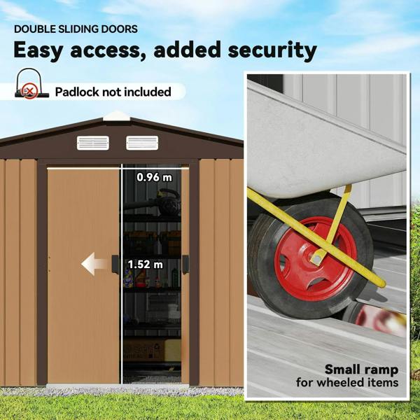 Metal garden shed with double sliding doors open and vented upper panels