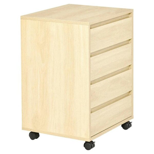 Four-Drawer Office Filing Cabinet, with Wheels - Natural Wood Finish