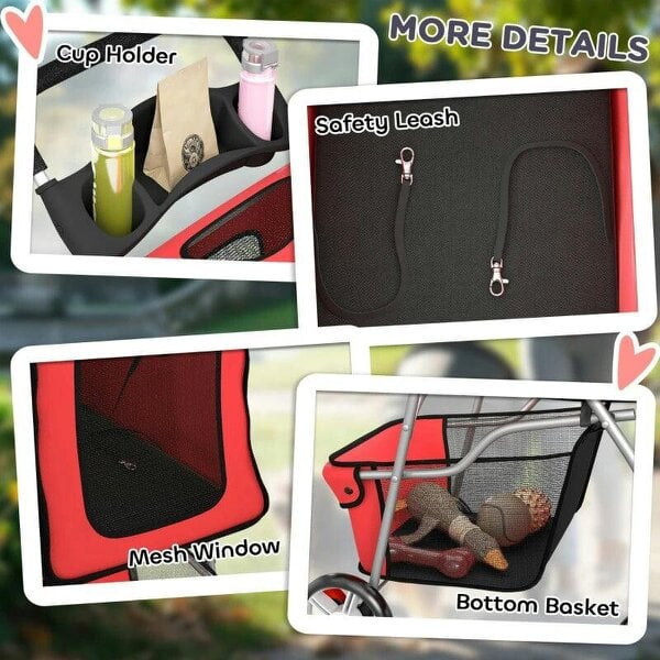 Dog Pram, Pet Stroller with Reflective Strips, Foldable Cat Stroller with 360° Swivel Wheels, Red