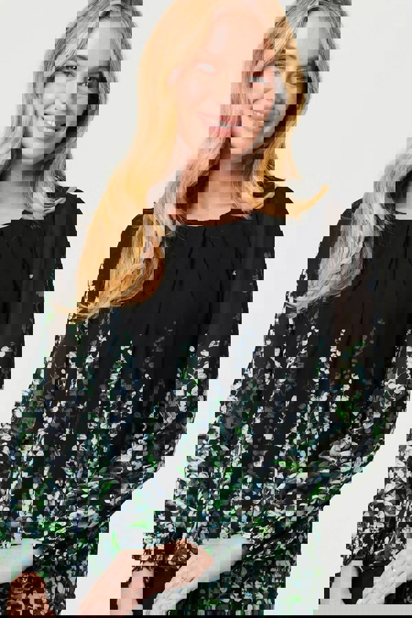 Black | Floral Long Sleeve Semi Sheer Blouse
