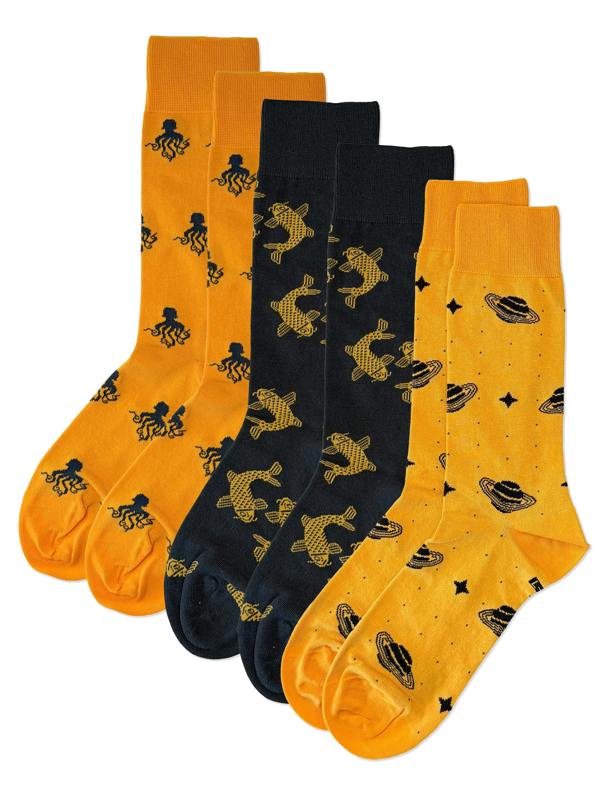 Jemsox Saturn and Sea Triple Pack – 3 Pack Novelty Socks – Space, Carp Fish & Octopus Designs – UK 7-10.5