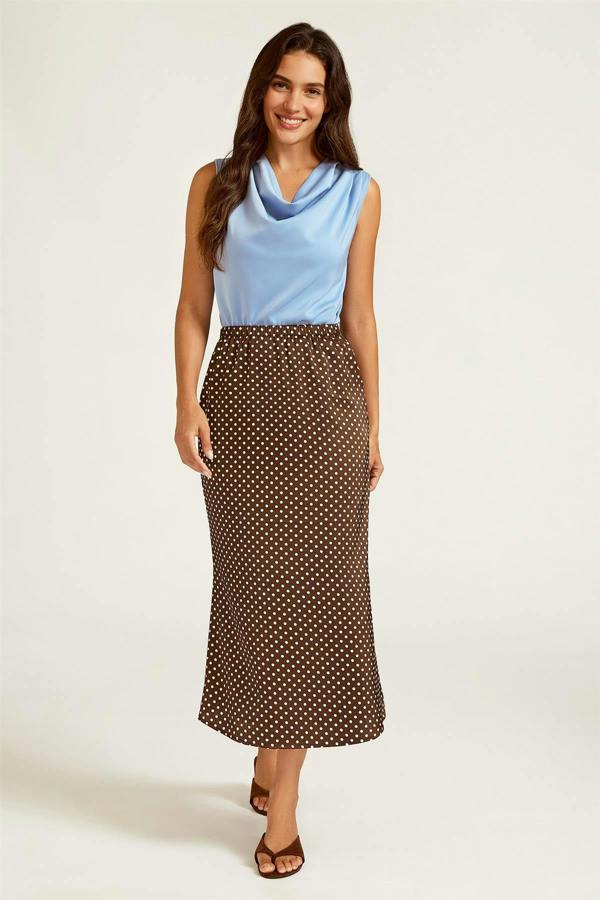 FS Collection Polka Dot Print Satin Midi Skirt In Brown