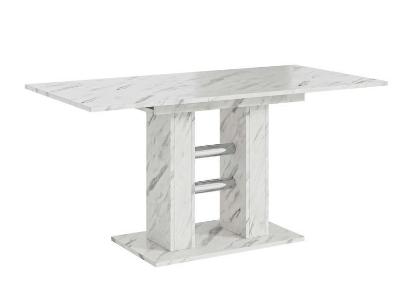 Fully extended dining table finished in White Bianco Marble Effect, suitable for family meals and guests