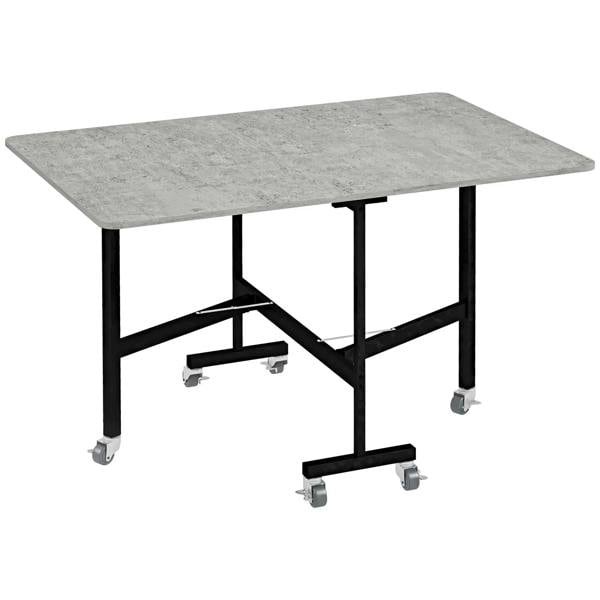 Grey marble-effect drop-leaf dining table with black folding legs and caster wheels