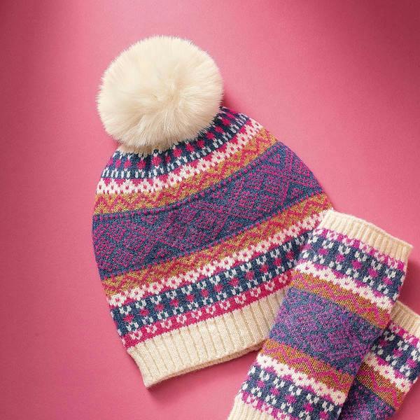 Pia Fair Isle Knit Hat, Fuchsia & Teal Bobble Hat with Faux Fur Pompom