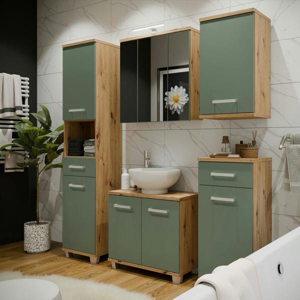 Furniture To Go Veris Tall Narrow Bathroom Cupboard with 2 Doors & 1 Drawer in Artisan Oak and Sage Green
