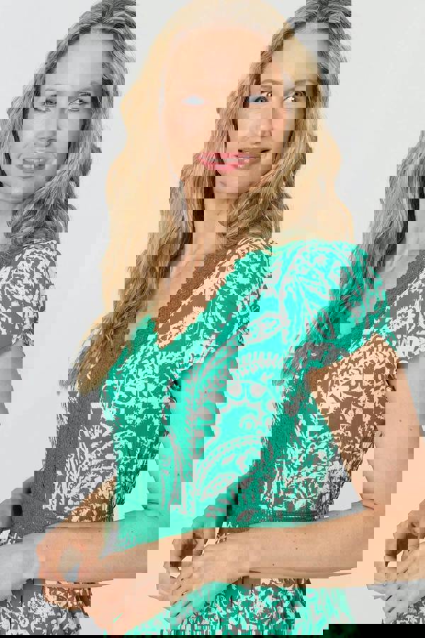 Green | Printed Lace Trim Tiered Midi Dress