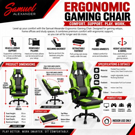 Samuel Alexander Ergonomic Gaming Chair with Footrest and Removable Pillows in Green