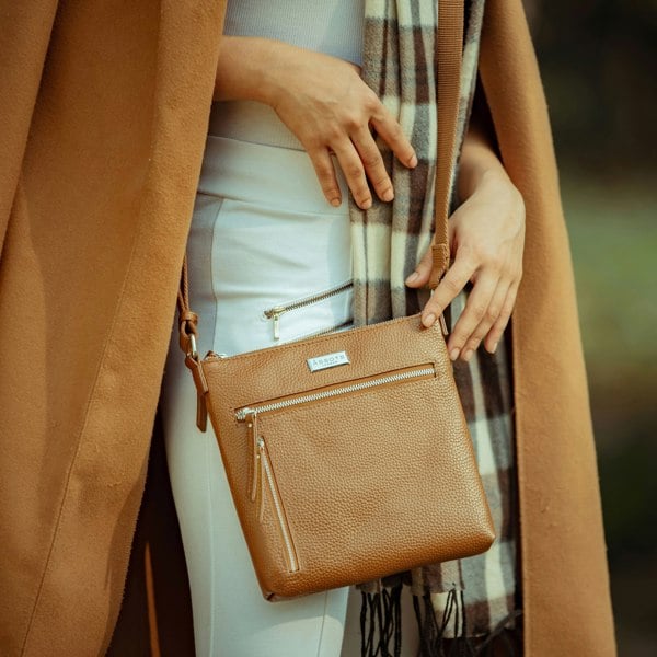 Assots London 'RUE' Tan Pebble Grain Real Leather Crossbody Bag