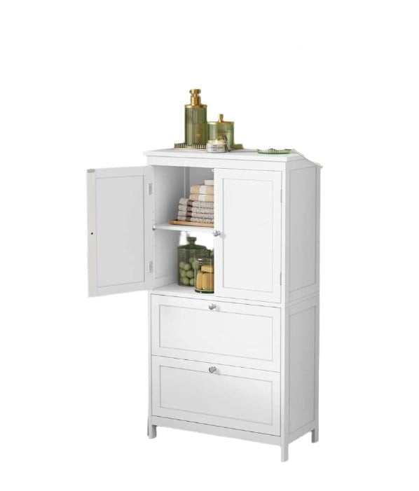 Modcraft White Bathroom Storage Cabinet – Kitchen Cupboard with 2 Drawers, 2 Doors & Adjustable Shelf, 110cm Tall
