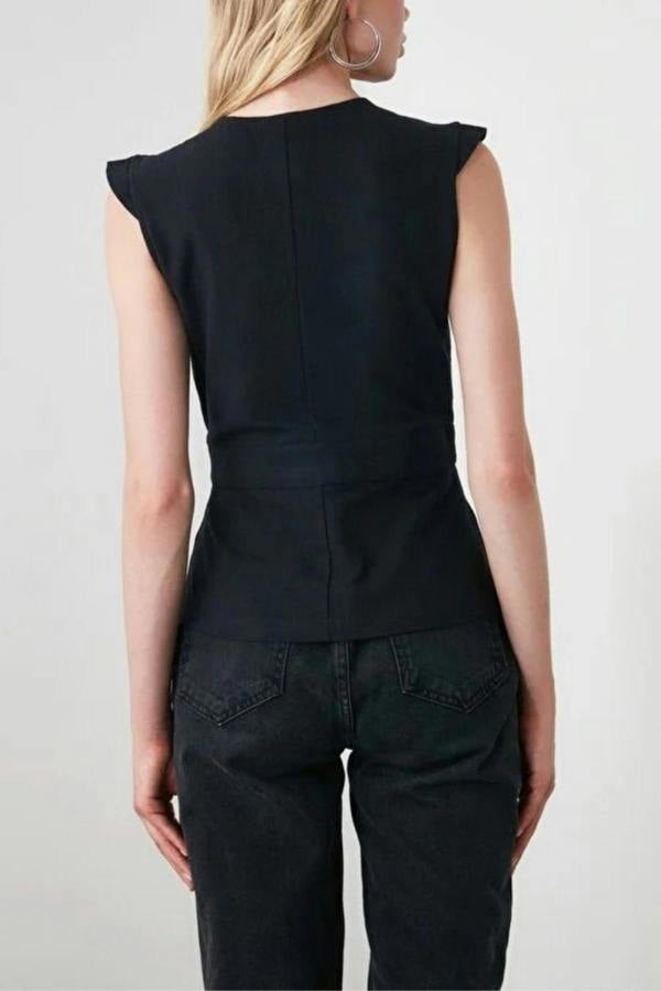 WOVCOR Double-Breasted Woven Blouse with Bone Button Detail