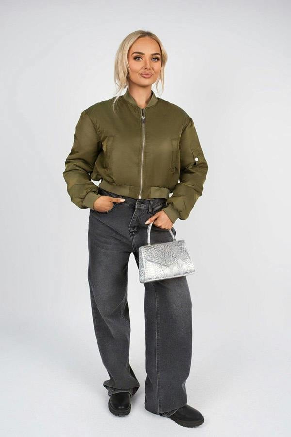 Melina Cropped Long Sleeve Zip Up Puffer Jacket - Khaki