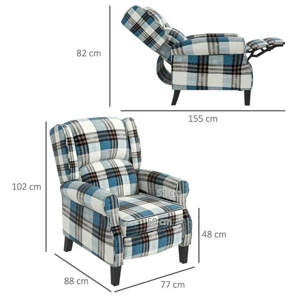 Blue plaid push-back recliner with wingback back, padded armrests, and footrest.