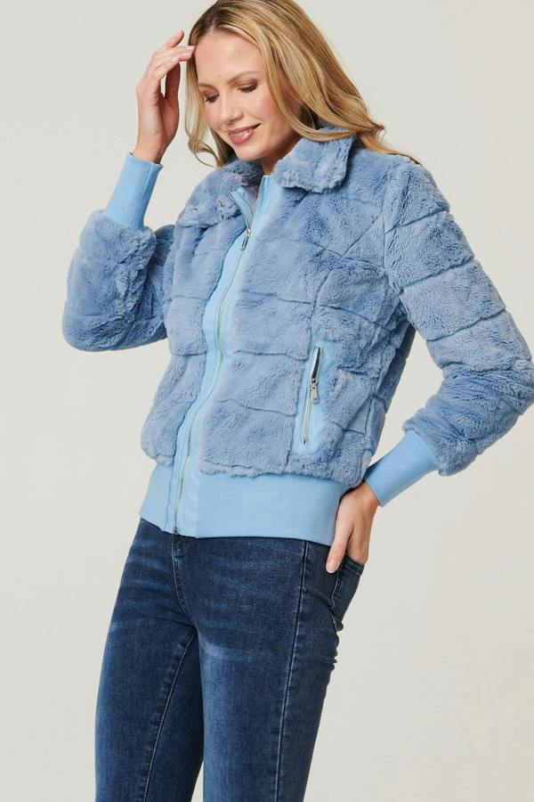 Blue | Faux Fur Zip Front Jacket
