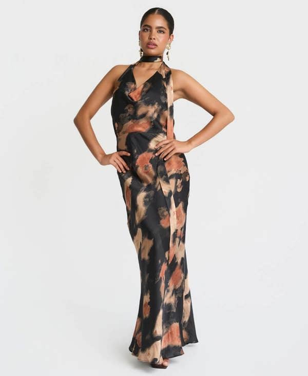 Needs No Label Black Marble Tie Neck Maxi Dress
