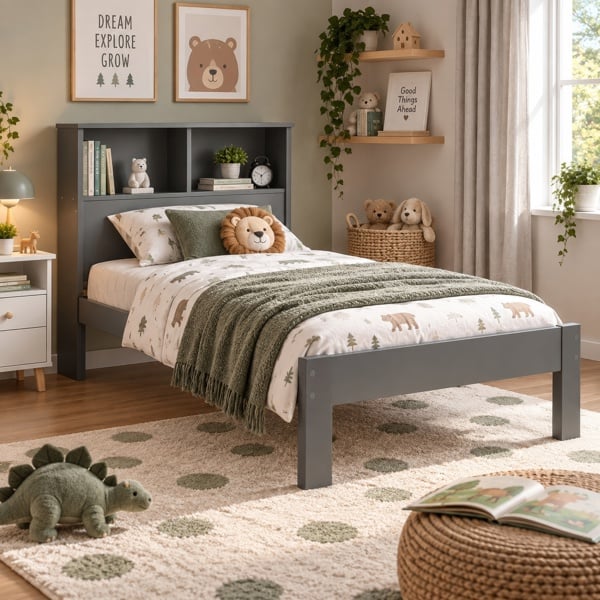 Maserri Easton Wooden Single Bed Frame with Shelf Headboard, White or Grey